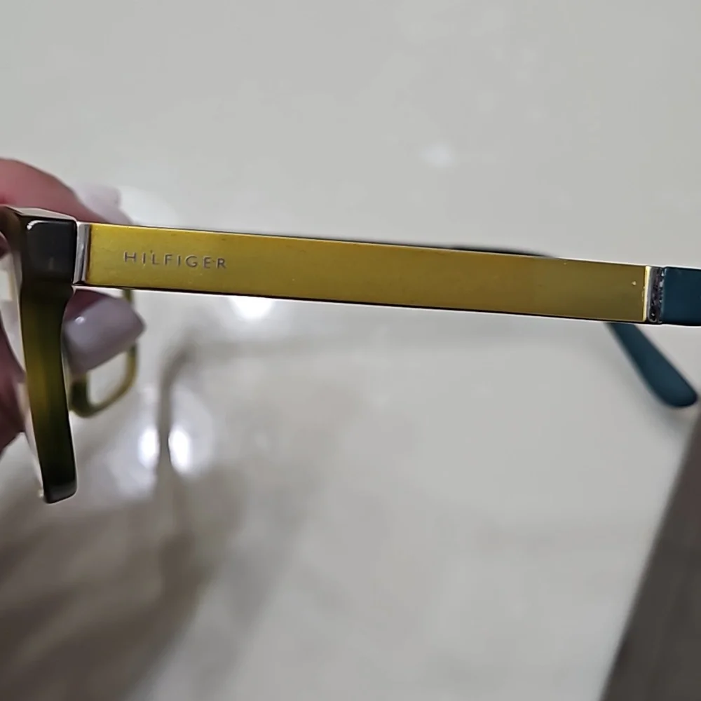 Tommy Hilfiger yellow and brown plastic frame glasses with case.